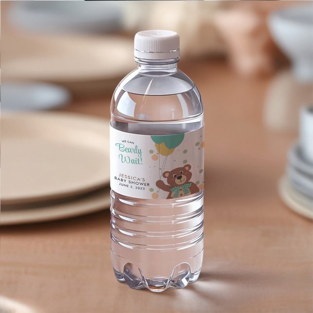 We Can Bearly Wait Cute Bear Baby Shower Favours Water Bottle Label (Creator Uploaded)