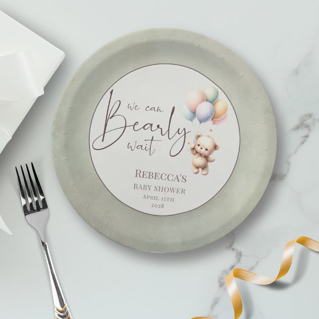 We can bearly wait cute bear balloon baby shower paper plate (Creator Uploaded)