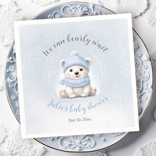 We Can Bearly Wait Cute Bear Blue Boy Baby Shower  Napkin (We Can Bearly Wait Cute Bear Blue Boy Baby Shower Napkins)