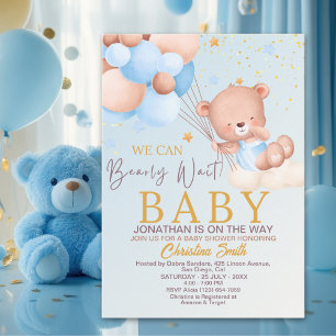 We Can Bearly Wait Cute Bear Boy Baby Shower Invitation