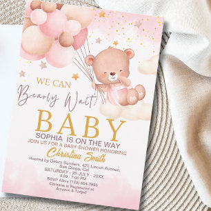We Can Bearly Wait Cute Bear Girl Baby Shower Invitation