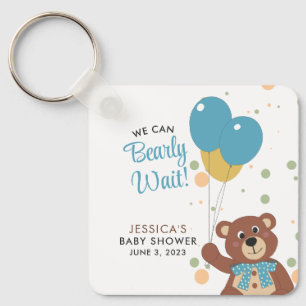 We Can Bearly Wait Cute Blue Baby Boy Custom Name Key Ring