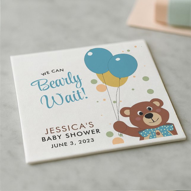 We Can Bearly Wait Cute Blue Baby Boy Shower Napkin (Creator Uploaded)
