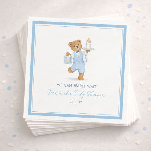 We Can Bearly Wait Cute Blue Boy Teddy Baby Shower Napkin