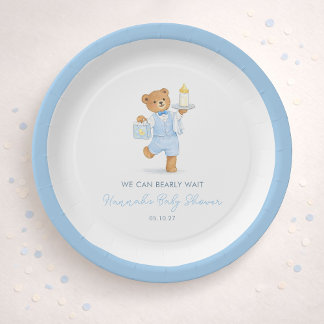 We Can Bearly Wait Cute Blue Boy Teddy Baby Shower Paper Plate