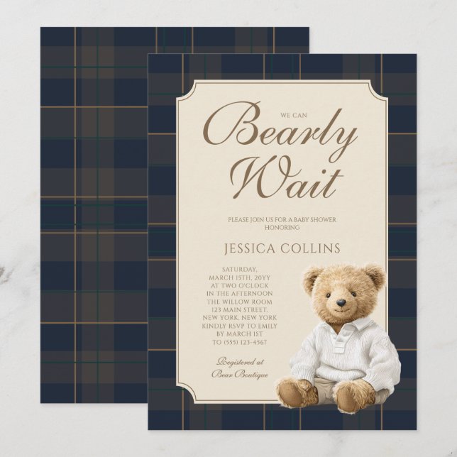 We Can Bearly Wait Cute Cub Teddy Bear Baby Shower Invitation (Front/Back)