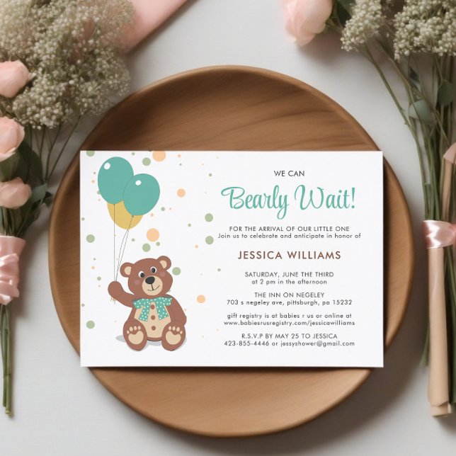 We Can Bearly Wait Cute Gender Neutral Baby Shower Invitation (Baby Shower on Table)