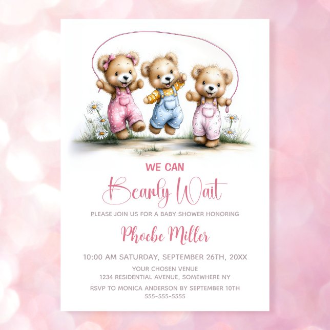 We Can Bearly Wait Cute Girl Teddy Bears Invitation (Creator Uploaded)