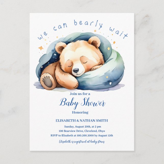 We Can Bearly Wait cute Teddy Bear Baby Shower Inv Invitation Postcard (Front)