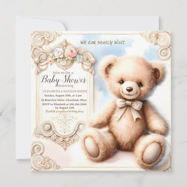 We Can Bearly Wait cute Teddy Bear Baby Shower Pos Invitation (Front)