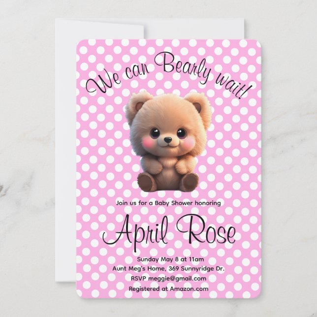 We can Bearly Wait cute teddy Bear pink polkadots Invitation (Front)