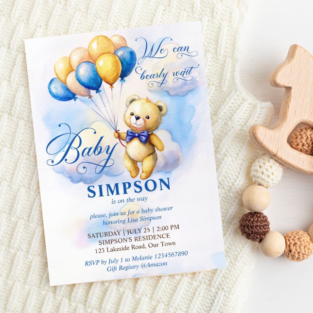 We can bearly wait cute teddy blue gold balloons invitation (We can bearly wait cute teddy bear with blue gold balloons in clouds baby shower invitation template)