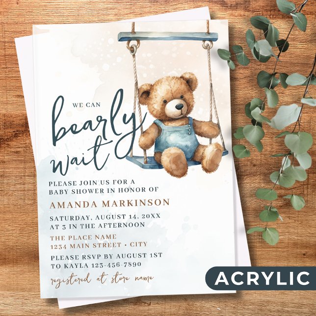 We Can Bearly Wait Denim Teddy Bear Baby Shower Acrylic Invitations (Creator Uploaded)