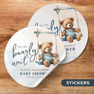 We Can Bearly Wait Denim Teddy Bear Baby Shower Classic Round Sticker