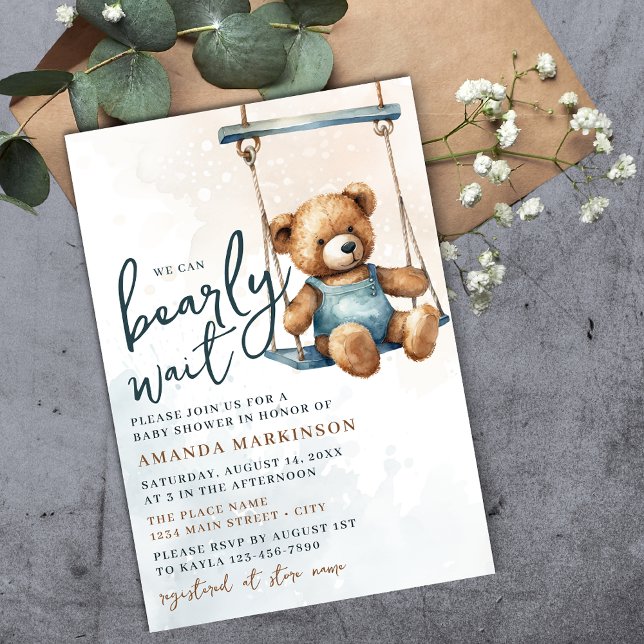 We Can Bearly Wait Denim Teddy Bear Baby Shower Invitation (Creator Uploaded)