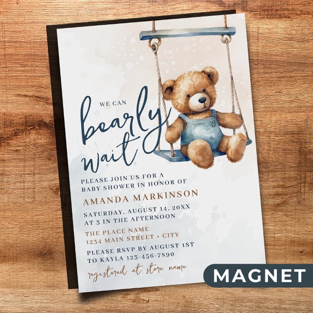 We Can Bearly Wait Denim Teddy Bear Baby Shower Magnetic Invitation (Creator Uploaded)