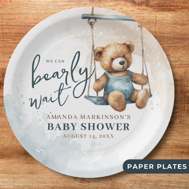 We Can Bearly Wait Denim Teddy Bear Baby Shower Paper Plate (Creator Uploaded)