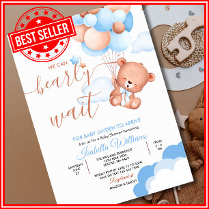 We Can Bearly Wait Dusty Blue Boy Teddy Bear Baby Invitation
