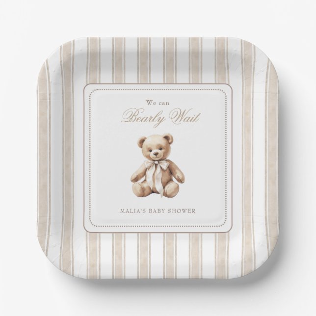 We Can Bearly Wait Elegant Baby Shower  Paper Plate (Front)