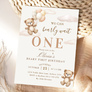 We Can Bearly Wait Elegant Teddy Birthday Invitation