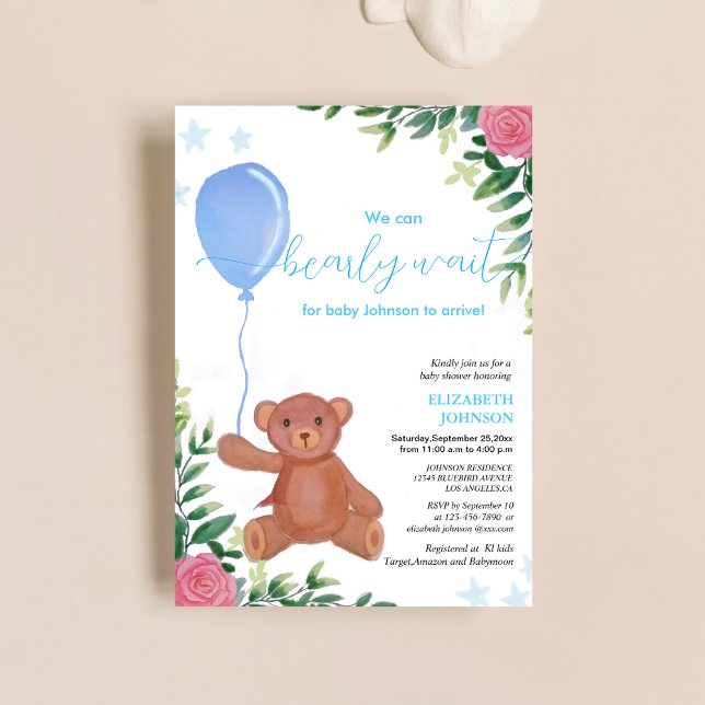 we can bearly wait floral cute baby shower  invitation (Creator Uploaded)