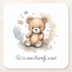 We Can Bearly Wait Gender Neutral Baby Shower Square Paper Coaster