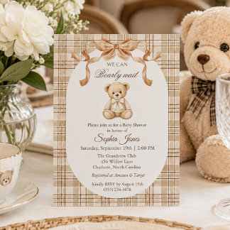 We Can Bearly Wait Gender Neutral Teddy Bear Baby Invitation