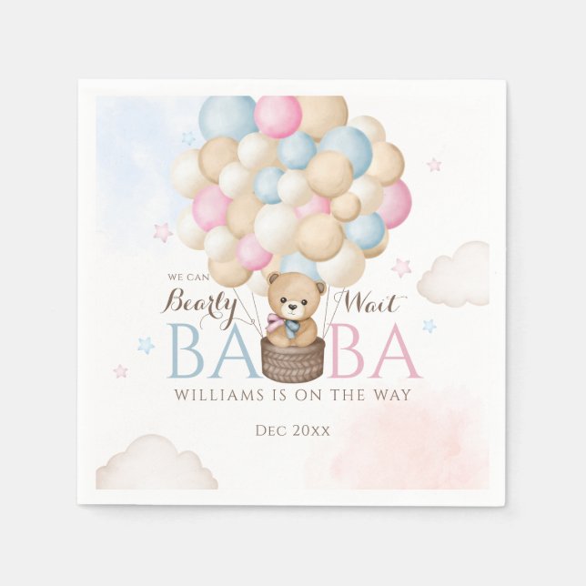 We Can Bearly Wait Gender Reveal Bear Baby Shower  Napkin (Front)