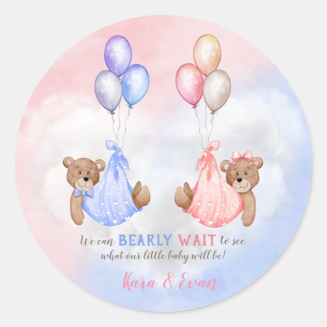 We Can Bearly Wait Gender Reveal Bears Pink Blue Classic Round Sticker (Front)