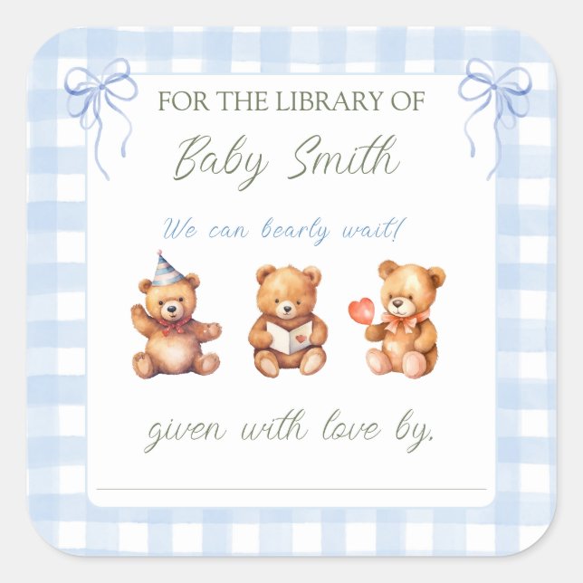 We Can Bearly Wait Gingham Baby Shower Book Plate Square Sticker (Front)