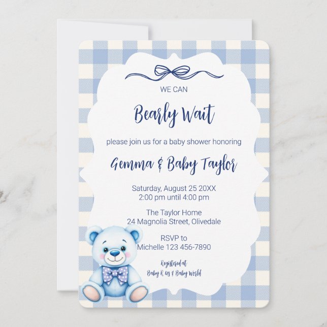 We Can Bearly Wait Gingham Blue Baby Shower Invitation (Front)