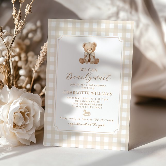  We can bearly wait Gingham teddy bear baby shower Invitation (Creator Uploaded)
