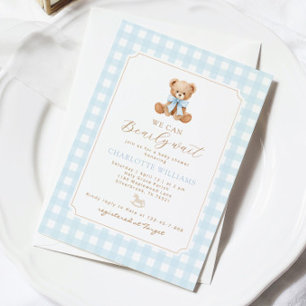 We can bearly wait Gingham teddy bear baby shower Invitation