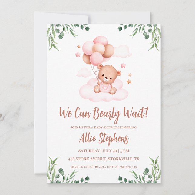 We Can Bearly Wait Girl Baby Shower Invitation (Front)