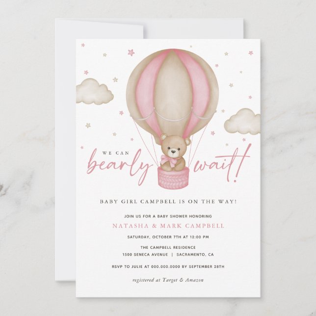 We Can Bearly Wait Girl Baby Shower Invitation (Front)