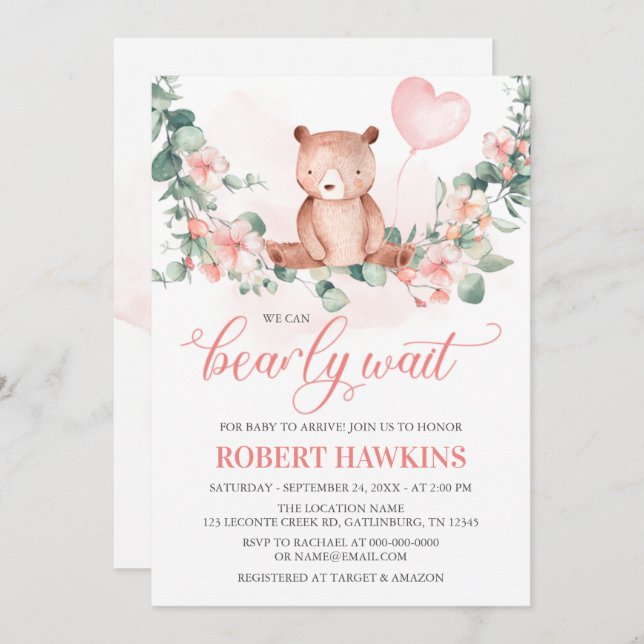 We Can Bearly Wait Girl Baby Shower Invitation (Front/Back)
