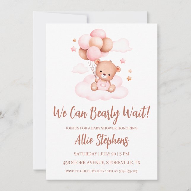 We Can Bearly Wait Girl Baby Shower Invitation (Front)