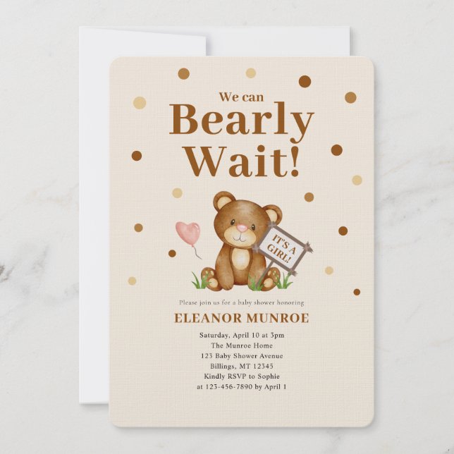 We Can Bearly Wait Girl Baby Shower  Invitation (Front)