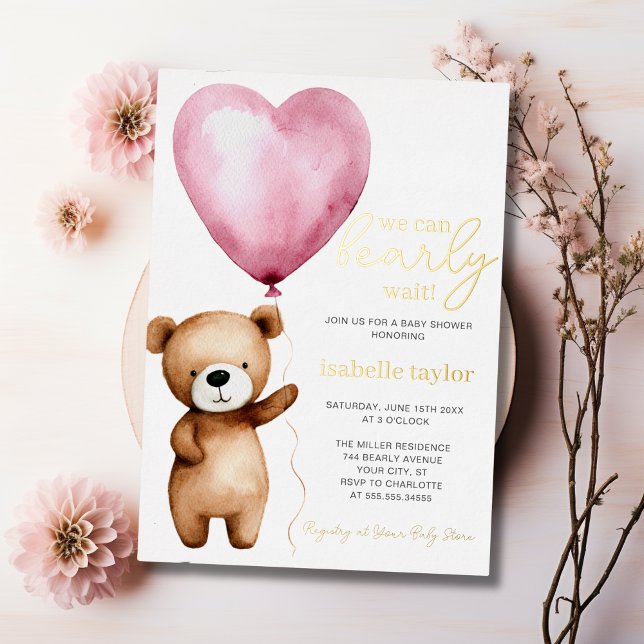 We Can Bearly Wait Girl Baby Shower Invitation (We Can Bearly Wait Girl Baby Shower Invitation Foil Invitation | front)