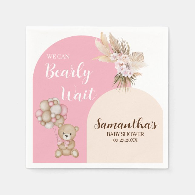 We Can Bearly Wait Girl Baby Shower Paper Napkin (Front)