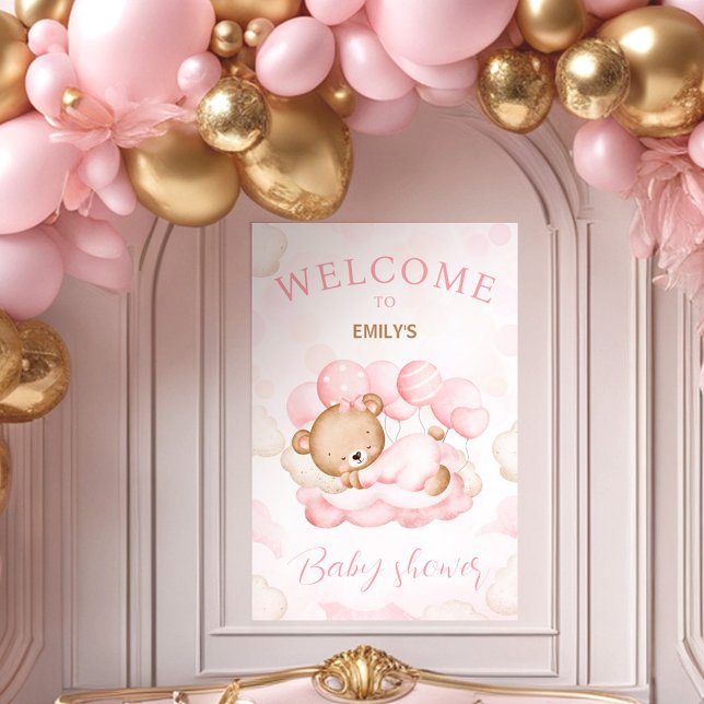 We Can Bearly Wait Girl Baby shower welcome sign (We Can Bearly Wait Girl Baby Shower Welcome Sign Poster)
