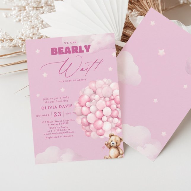 We Can Bearly Wait Girl Bear Balloon Baby Shower Invitation (Creator Uploaded)