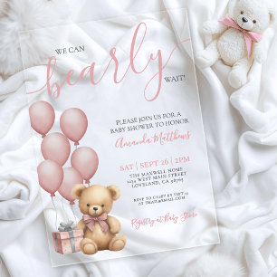 We Can Bearly Wait Girl Pink Bear Baby Shower Acrylic Invitations