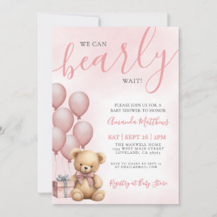 We Can Bearly Wait Girl Pink Bear Baby Shower Invitation