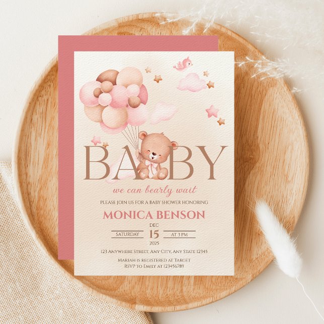 We Can Bearly Wait Girl Pink Beige Baby Shower Invitation (Creator Uploaded)