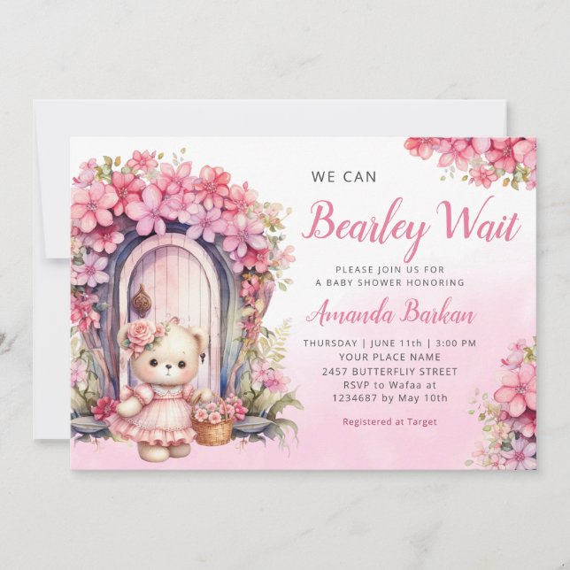 We Can Bearly Wait Girl pink Boho Baby Shower Invitation (Front)