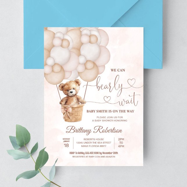 We Can Bearly Wait Girl Teddy Bear Baby Shower Invitation (Creator Uploaded)