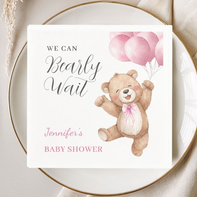 We Can Bearly Wait Girl Teddy Bear Baby Shower Napkin (Creator Uploaded)