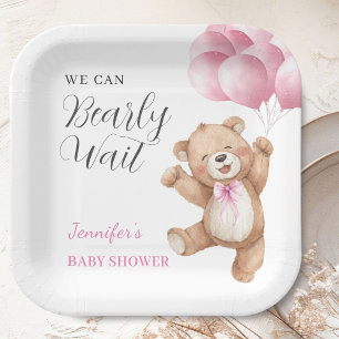 We Can Bearly Wait Girl Teddy Bear Baby Shower Paper Plate
