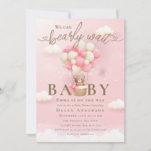 We can Bearly Wait Girl Teddy Bear Pink Baby Invitation